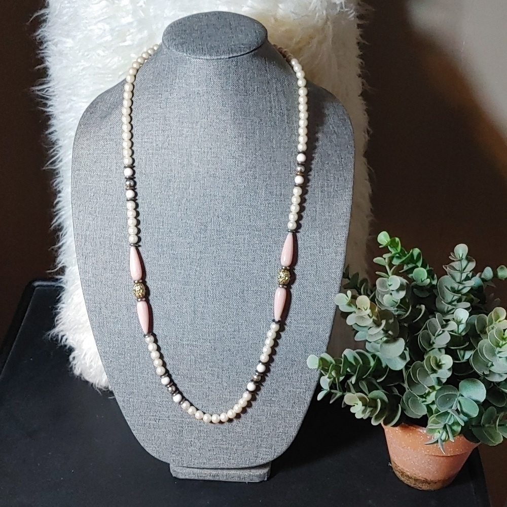 Vintage 1928 Signed Faux Pearl with Pink Teardrop Beads